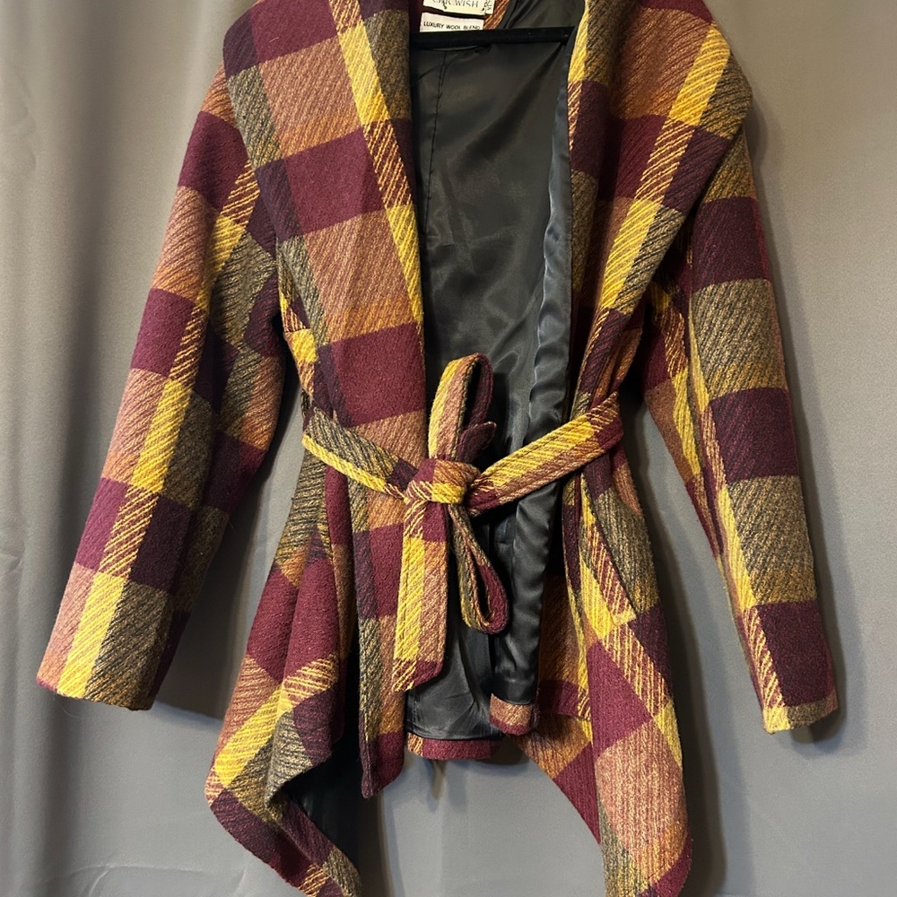 Plaid Belted Coat in Burgundy and Yellow